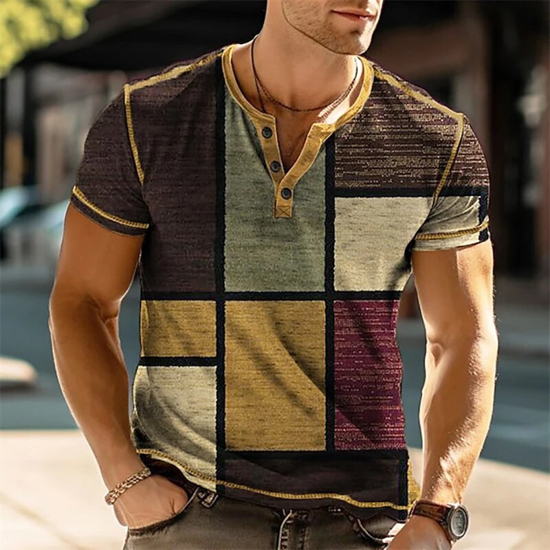 Patchwork Color Block 3D Print Vintage Henley Särgid Meeste Mood Suured nööbiga Lühikeste varrukatega T-särk T-särgid Topid Rõivad