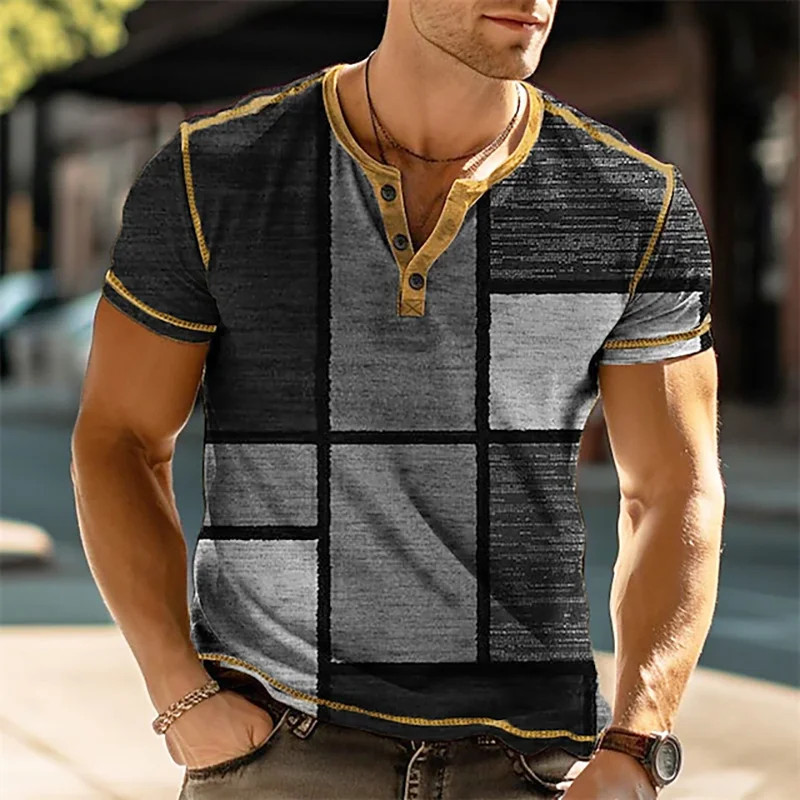 Patchwork Color Block 3D Print Vintage Henley Särgid Meeste Mood Suured nööbiga Lühikeste varrukatega T-särk T-särgid Topid Rõivad