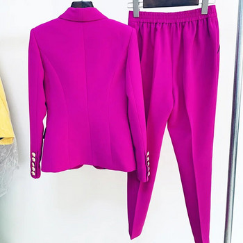 Лилаво, жълто, розово, комплект панталони от две части, дамски офис дамски двуредни златни копчета, комплект панталони с девет блейзера, официални костюми