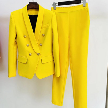 Лилаво, жълто, розово, комплект панталони от две части, дамски офис дамски двуредни златни копчета, комплект панталони с девет блейзера, официални костюми