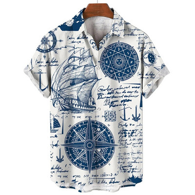 Ανδρικά πουκάμισα Καλοκαιρινή μόδα Ναυτικά γραφικά τρισδιάστατα κοντό μανίκια casual μπλουζάκια πουκάμισο παραλίας για άνδρες Oversized φαρδιά μπλούζα Camisa