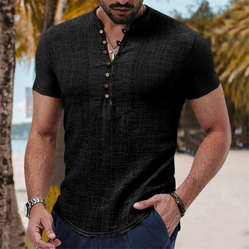 2023 Лятна мъжка памучна ленена риза с къс ръкав Дишащи ризи Едноцветни ежедневни базови памучни ленени ризи Топове Конопена риза