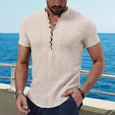 2023 Лятна мъжка памучна ленена риза с къс ръкав Дишащи ризи Едноцветни ежедневни базови памучни ленени ризи Топове Конопена риза