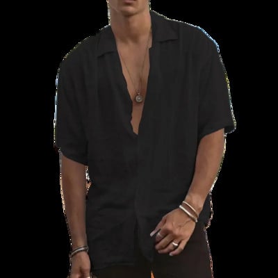 2023 m. vasaros vyriški medvilniniai lininiai marškiniai trumpomis rankovėmis kvėpuojantys marškiniai Vienspalviai kasdieniai medvilniniai lininiai marškiniai Viršutiniai kanapiniai marškiniai