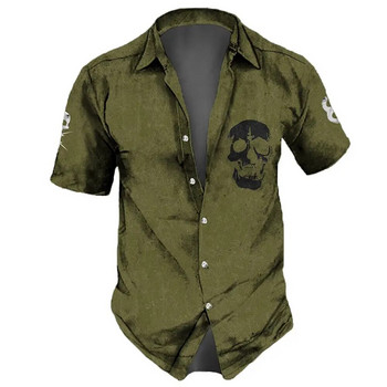 Винтидж мъжка риза Хип-хоп щампа на черепа с къс ръкав Големи горни тениски Стари ежедневни хавайски мъжки дрехи Риза с ревери Streetwear