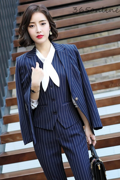 Дизайн на официални униформи Дамски бизнес костюми Есен Зима Елегантни райета за дамски офис работни облекла OL Styles Блейзъри