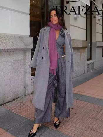 TRAFZA Ανοιξιάτικη Γυναικεία Μόδα Σετ 3 Piec Νέο μονόχρωμο παλτό + αμάνικο γιλέκο + φερμουάρ στο πλάι Γυναικείο μακρύ παντελόνι με φαρδύ πόδι