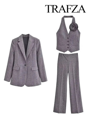 TRAFZA Пролетна дамска мода Комплект от 3 бр. Нов плътен блейзър палто + костюм без ръкави, жилетка + дълъг дамски широк панталон със страничен цип