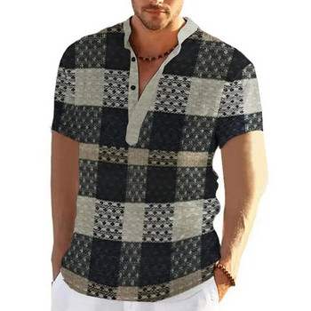 Мъжка риза Henley, летни ризи с къс ръкав, риза с щампа в стил пачуърк, ежедневна ежедневна жилетка, реколта, голямо мъжко облекло