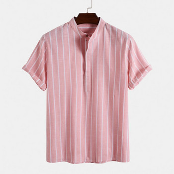 Βαμβακερό λινό πουκάμισο Ανδρικό καλοκαιρινό κοντομάνικο πουκάμισο με ριγέ μονόχρωμο πουκάμισο που γυρίζει προς τα κάτω