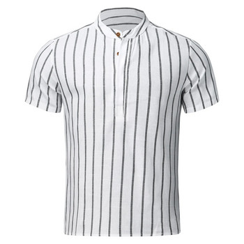 Памучна ленена риза Мъжки летни раирани ризи с къси ръкави Едноцветна отложна яка Ежедневна блуза в плажен стил Топ пуловер