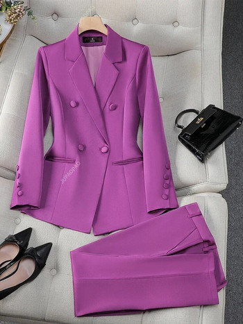 Моден офис дамски официален комплект панталон Дамско синьо, розово, жълто дамско бизнес облекло, сако и панталон от 2 части