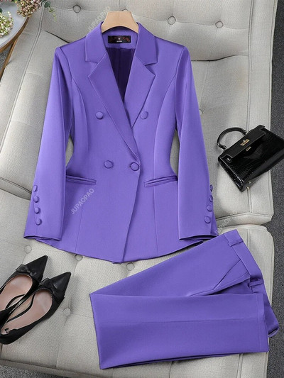 Моден офис дамски официален комплект панталон Дамско синьо, розово, жълто дамско бизнес облекло, сако и панталон от 2 части
