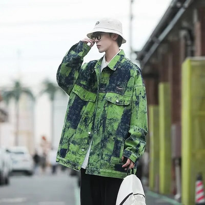 Green Hip Hop Denim Jacket Mens Vintage Tie Dye Jackets Streetwear Casual Jeans Jackets Harajuku Autumn Loose Coats Men Outwear