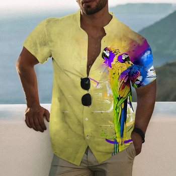 Мъжка социална риза с 3D принт на папагал Хавайска плажна ваканция с ревери с къс ръкав Големи горнища Мъжки дрехи Ежедневни Camisa Masculina