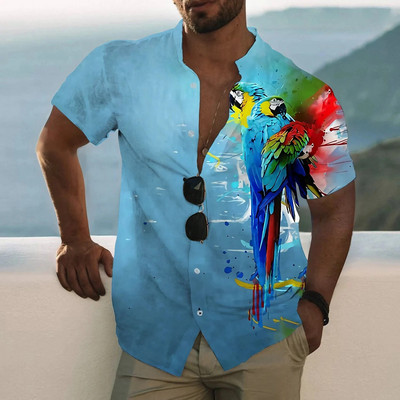 Ανδρικό κοινωνικό πουκάμισο 3D Parrot Print Χαβάης για διακοπές με κοντό μανίκι πέτο υπερμεγέθη τοπ Ανδρικά ρούχα Casual Camisa Masculina