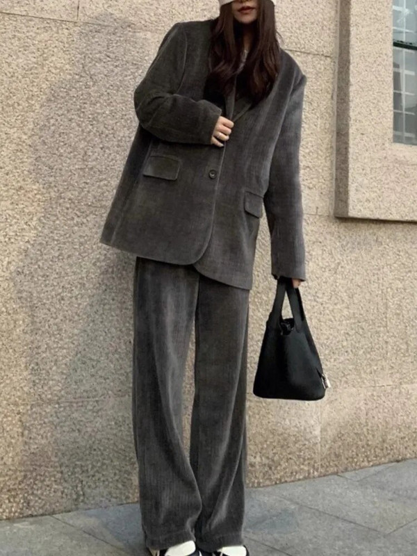 Elegantni ženski modni ležerni jednobojni sako s hlačama Uredski vintage široki komplet jakni i hlača iz dva dijela Ženska odjeća Novo