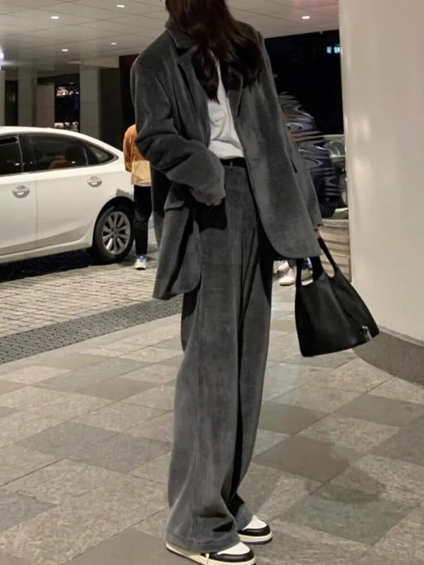 Elegantni ženski modni ležerni jednobojni sako s hlačama Uredski vintage široki komplet jakni i hlača iz dva dijela Ženska odjeća Novo