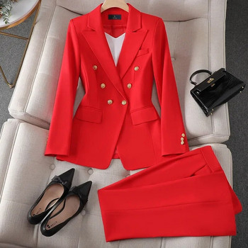 Дамски униформени бизнес костюми с прав панталон Елегантен комплект офис блейзър за жени Работно облекло Панталони Комплект Черно Бяло Червено