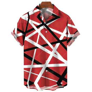 Лятна ежедневна мъжка риза с щампи на райета Горнища с къси ръкави Големи тениски Дрехи Червени улични модни ризи за мъже 5xl