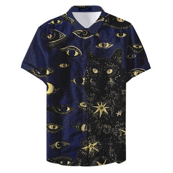 Ризи с 3d печат с котешко око Мъжки дамски модни хавайски ризи Хип-хоп Ежедневна плажна блуза с къс ръкав Мъжка професионална риза с ревер