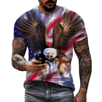 3D отпечатана мъжка тениска с О-образно деколте и къс ръкав със забавен модел на орел, лятна широка мъжка риза