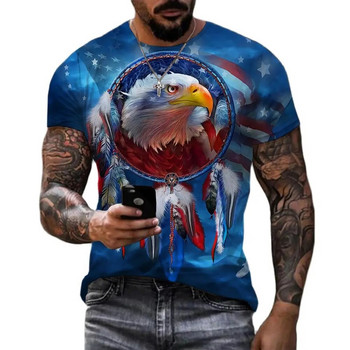 3D отпечатана мъжка тениска с О-образно деколте и къс ръкав със забавен модел на орел, лятна широка мъжка риза