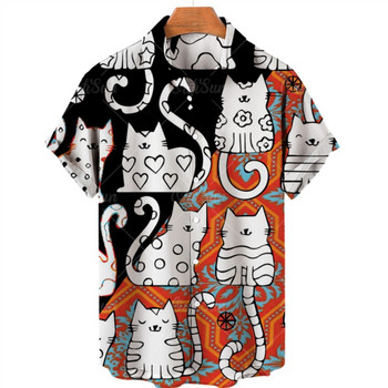 Ανδρικό πουκάμισο New Loose Plus Size Casual Vintage χαριτωμένο μοτίβο γάτας 3D εμπριμέ κοντομάνικο πουκάμισο Beach Party
