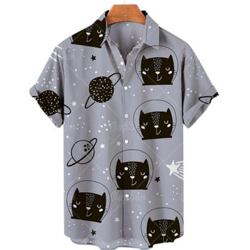 Мъжка риза Нова широка ежедневна ретро сладка котешка риза с 3D щампа с къс ръкав Плажно парти