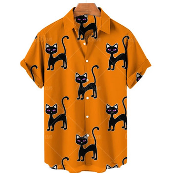 Ανδρικό πουκάμισο New Loose Plus Size Casual Vintage χαριτωμένο μοτίβο γάτας 3D εμπριμέ κοντομάνικο πουκάμισο Beach Party