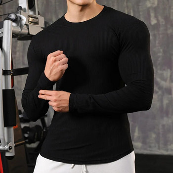Есен Спорт фитнес с дълъг ръкав Мъжка тениска за свободното време Упражнение на открито бързо изсъхване стегната мускулна тренировка Тениска фитнес дрехи