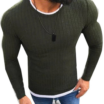 Моден мъжки пуловер Горна цветна блокова пачуърк Пуловер с O деколте и дълъг ръкав Плетен пуловер за мъжко облекло Зима