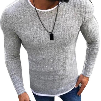 Моден мъжки пуловер Горна цветна блокова пачуърк Пуловер с O деколте и дълъг ръкав Плетен пуловер за мъжко облекло Зима