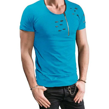 Ανδρικό μπλουζάκι με σχισμένο μπλουζάκι με λεπτή εφαρμογή με μυϊκό λαιμόκοψη Νέο μπλουζάκι για καλοκαιρινή τρύπα, casual κοντομάνικο μπλουζάκι Ανδρικά ρούχα MY069