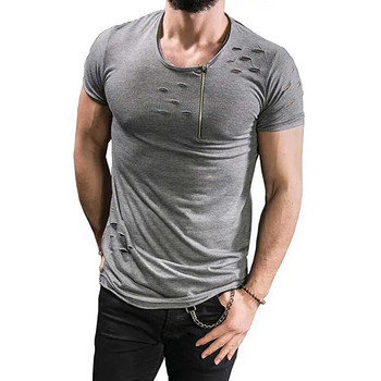 Ανδρικό μπλουζάκι με σχισμένο μπλουζάκι με λεπτή εφαρμογή με μυϊκό λαιμόκοψη Νέο μπλουζάκι για καλοκαιρινή τρύπα, casual κοντομάνικο μπλουζάκι Ανδρικά ρούχα MY069