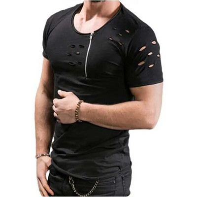 Rebenenud meeste T-särk Slim Fit Muscle O-kaelusega top Tee Uus mood Summer Hole vabaaja lühikeste varrukatega T-särk Meeste riided MY069