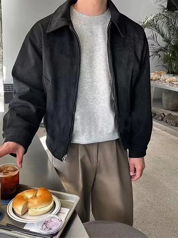 Elegantni jednobojni smeđi kaput, muški, proljeće, jesen, vrhunska labava plišana majica na rever, nova zimska kratka jakna s patentnim zatvaračem, vintage ulična odjeća
