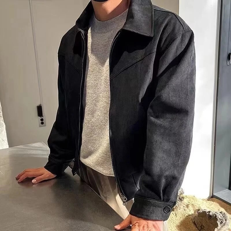 Elegantni jednobojni smeđi kaput, muški, proljeće, jesen, vrhunska labava plišana majica na rever, nova zimska kratka jakna s patentnim zatvaračem, vintage ulična odjeća
