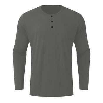 Мъжка есенна и зимна тениска с дълги ръкави, едноцветна тениска с копчета на ивици и кръгло деколте, тениска с дълъг ръкав Basic Slim Fitness Мъжки дрехи
