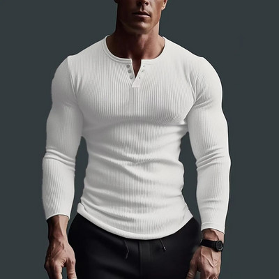 Ανδρικό φθινοπωρινό και χειμερινό πουκάμισο με πάτο μονόχρωμο ριγέ με κουμπιά στρογγυλή λαιμόκοψη μακρυμάνικο μπλουζάκι Basic Slim Fitness Ανδρικά ρούχα
