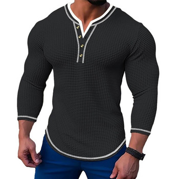 Модни мъжки тениски с яка Henley Ежедневни вафлени тънки тениски с дълги ръкави с V-образно деколте и копчета Горнища Пуловер Тениска Облекло