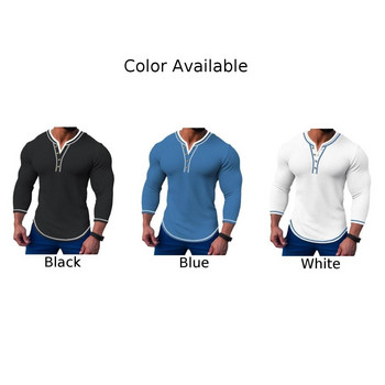 Модни мъжки тениски с яка Henley Ежедневни вафлени тънки тениски с дълги ръкави с V-образно деколте и копчета Горнища Пуловер Тениска Облекло