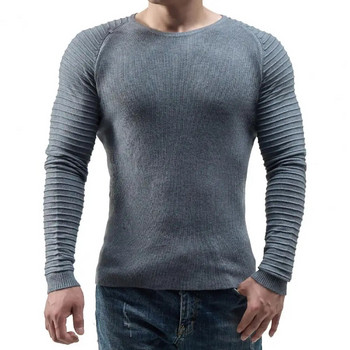 Нов мъжки есенен пуловер от 2022 г. Плисиран плетен пуловер Мек дишащ мъжки пуловер с кръгло деколте с дълъг ръкав и прилепнали райета с апликация