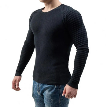 Нов мъжки есенен пуловер от 2022 г. Плисиран плетен пуловер Мек дишащ мъжки пуловер с кръгло деколте с дълъг ръкав и прилепнали райета с апликация