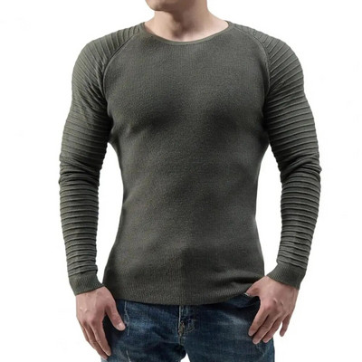 Új, 2022-es férfi őszi pulóver, hajtogatott kötött pulóver, puha, légáteresztő nyakú, hosszú ujjú karcsú, csíkos rátétes férfi pulóver