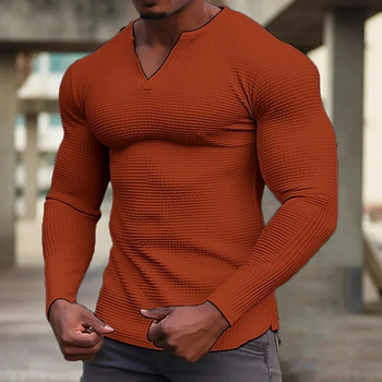 2023 Пролет и есен Мъжка ежедневна вафлена тениска Облекло Фитнес мускулна тениска С дълъг ръкав Плътно V-образно деколте Основно дишащо горнище