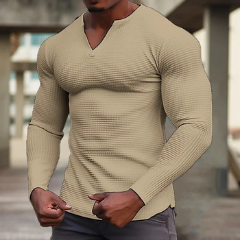 2023 Пролет и есен Мъжка ежедневна вафлена тениска Облекло Фитнес мускулна тениска С дълъг ръкав Плътно V-образно деколте Основно дишащо горнище