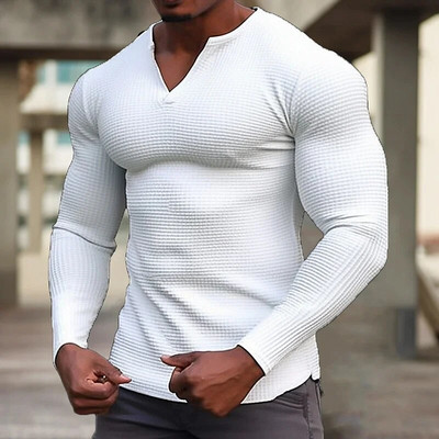 2023 m. pavasaris ir ruduo Vyriški laisvalaikio vafliniai marškinėliai Drabužiai „Fitness Muscle“ marškinėliai ilgomis rankovėmis, vientisa V formos iškirpte, kvėpuojanti viršutinė dalis