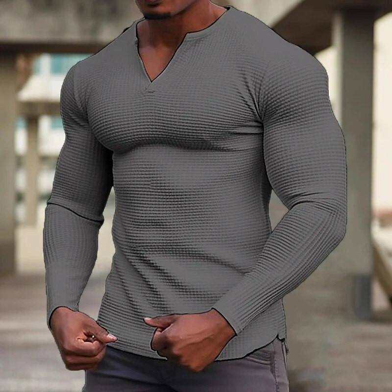 2023 m. pavasaris ir ruduo Vyriški laisvalaikio vafliniai marškinėliai Drabužiai „Fitness Muscle“ marškinėliai ilgomis rankovėmis, vientisa V formos iškirpte, kvėpuojanti viršutinė dalis
