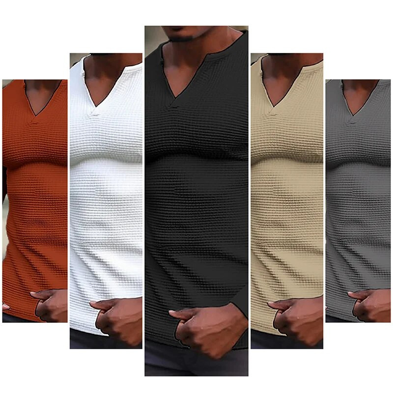 2023 m. pavasaris ir ruduo Vyriški laisvalaikio vafliniai marškinėliai Drabužiai „Fitness Muscle“ marškinėliai ilgomis rankovėmis, vientisa V formos iškirpte, kvėpuojanti viršutinė dalis